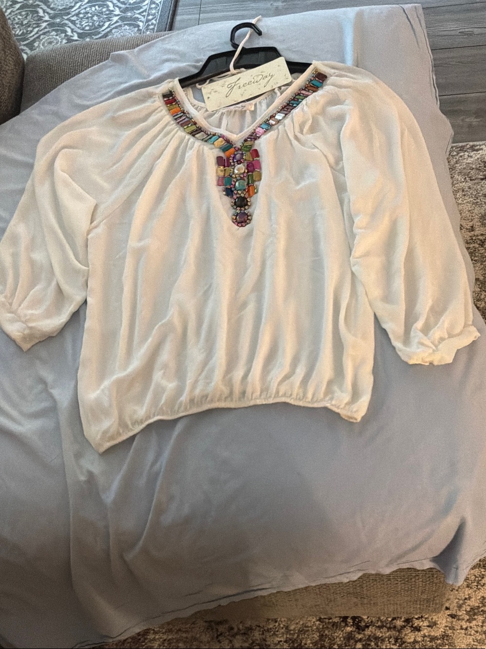 Free People Cream Peasant Top with Multicolor Beaded V-Neck